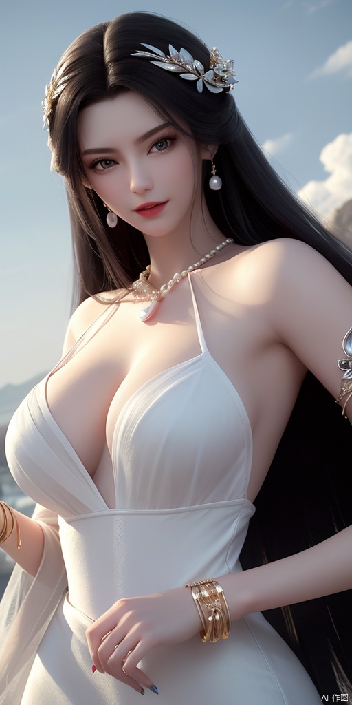  ultra realistic 8k cg, picture-perfect face, flawless, clean, masterpiece, professional artwork, famous artwork, cinematic lighting, cinematic bloom, perfect face, beautiful face, beautiful eyes, fantasy, dreamlike, unreal, science fiction, huge breasts, beautiful clothes, absurdly long hair, very long hair, (rich:1.4), prestige, luxury, jewelry, diamond, gold, pearl, gem, sapphire, ruby, emerald, intricate detail, delicate pattern, charming, alluring, seductive, erotic, enchanting, hair ornament, necklace, earrings, bracelet, armlet,((1girl, pearl_white_dress))