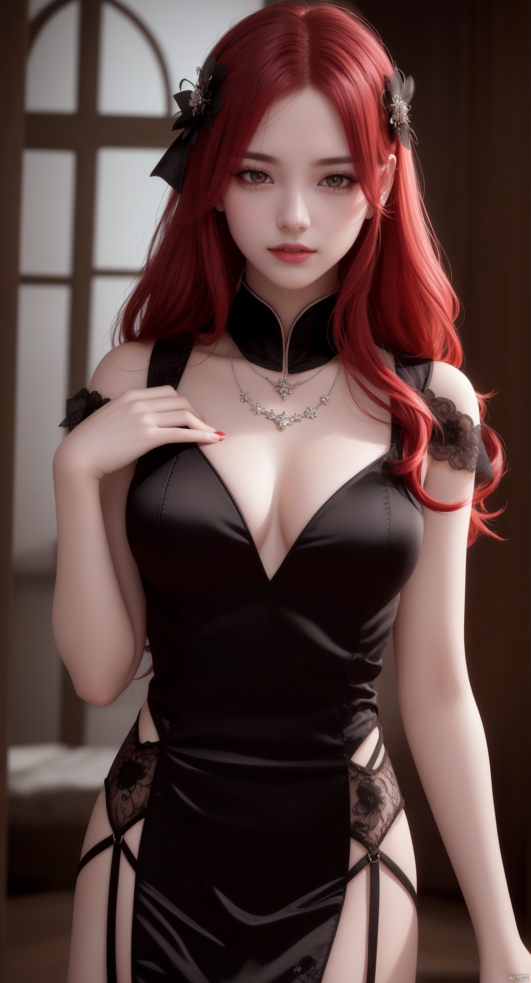 vampire, best quality, masterpiece, highres, 1girl, china dress, red hair, hair ornament, necklace, jewelry, Beautiful face, full_body, tyndall effect, photorealistic, dark studio, rim lighting, two tone lighting, (high detailed skin:1.2), 8k uhd, dslr, soft lighting, high quality, volumetric lighting, candid, Photograph, high resolution, 4k, 8k, Bokeh