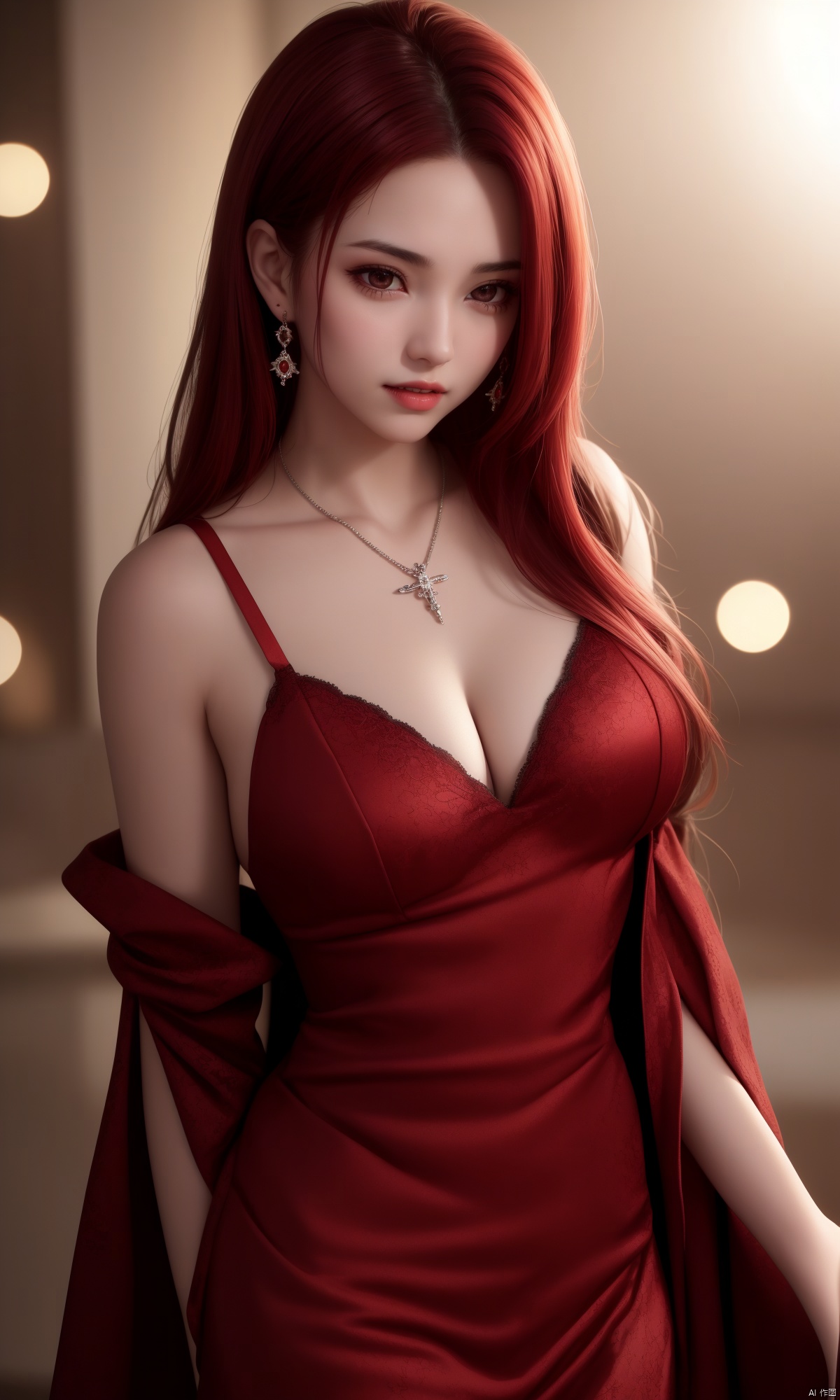 vampire, best quality, masterpiece, highres, 1girl, china dress, red hair, hair ornament, necklace, jewelry, Beautiful face, upon_body, tyndall effect, photorealistic, dark studio, rim lighting, two tone lighting, (high detailed skin:1.2), 8k uhd, dslr, soft lighting, high quality, volumetric lighting, candid, Photograph, high resolution, 4k, 8k, Bokeh