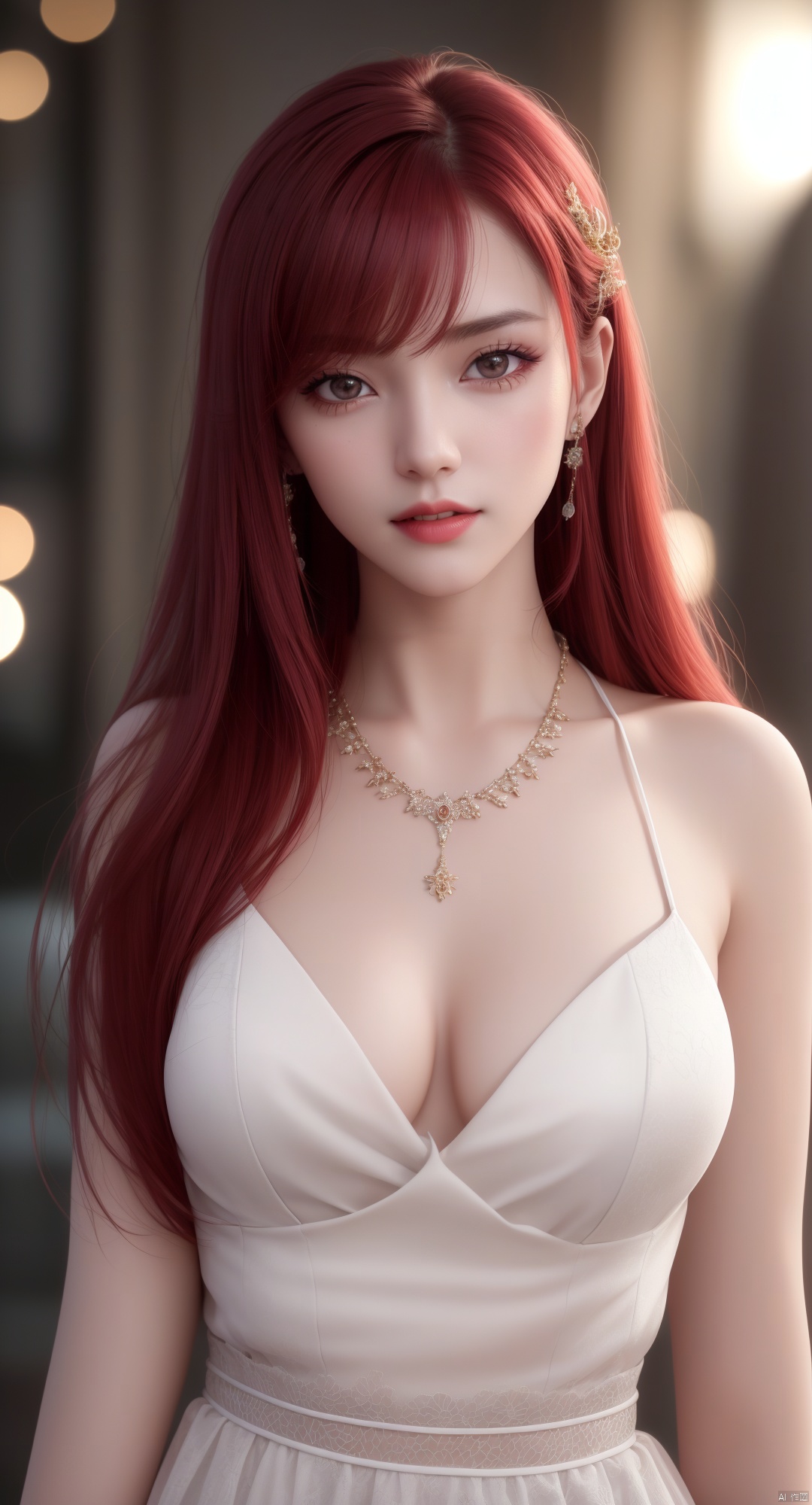 vampire, best quality, masterpiece, highres, 1girl, china dress, red hair, hair ornament, necklace, jewelry, Beautiful face, upon_body, tyndall effect, photorealistic, dark studio, rim lighting, two tone lighting, (high detailed skin:1.2), 8k uhd, dslr, soft lighting, high quality, volumetric lighting, candid, Photograph, high resolution, 4k, 8k, Bokeh