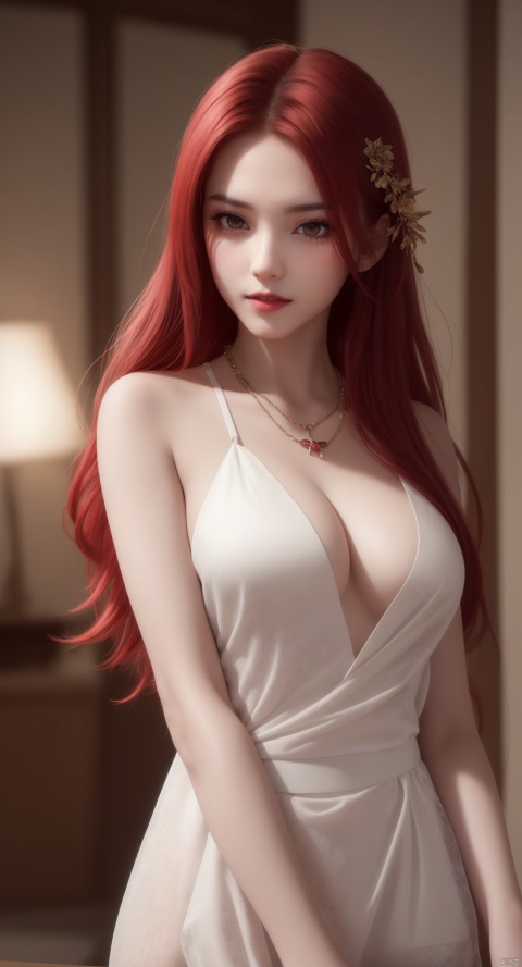 vampire, best quality, masterpiece, highres, 1girl, china dress, red hair, hair ornament, necklace, jewelry, Beautiful face, full_body, tyndall effect, photorealistic, dark studio, rim lighting, two tone lighting, (high detailed skin:1.2), 8k uhd, dslr, soft lighting, high quality, volumetric lighting, candid, Photograph, high resolution, 4k, 8k, Bokeh