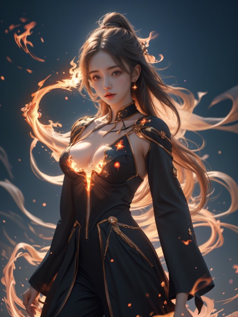 masterpiece, 1 girl, Look at me, Long hair, Flame, A magical scene, glowing, Floating hair, realistic, Nebula, An incredible picture, The magic array behind it, Sister., Exposed clothes, Big breasts, Stand, textured skin, super detail, best quality