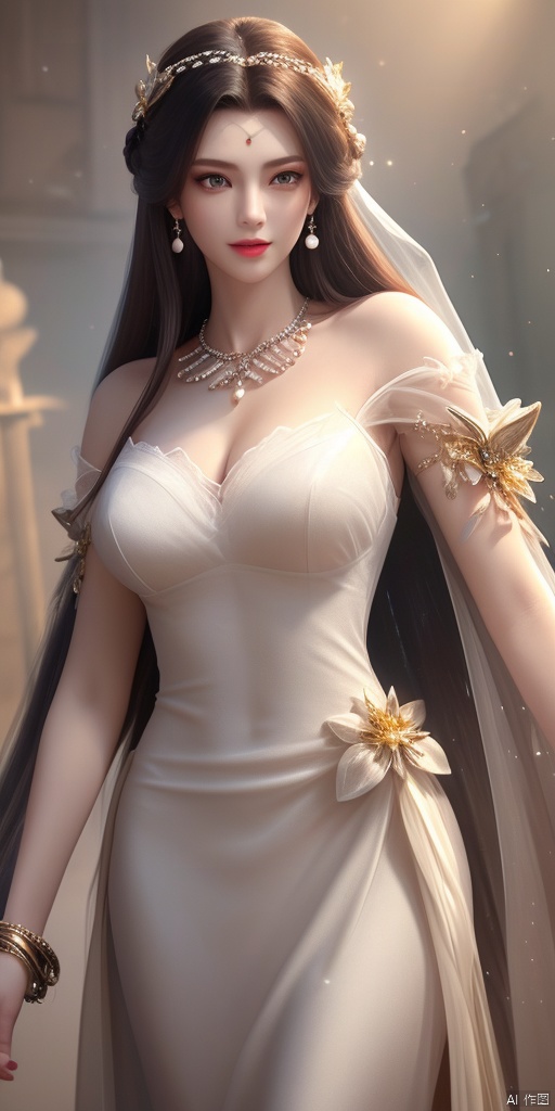  ultra realistic 8k cg, picture-perfect face, flawless, clean, masterpiece, professional artwork, famous artwork, cinematic lighting, cinematic bloom, perfect face, beautiful face, beautiful eyes, fantasy, dreamlike, unreal, science fiction, huge breasts, beautiful clothes, absurdly long hair, very long hair, (rich:1.4), prestige, luxury, jewelry, diamond, gold, pearl, gem, sapphire, ruby, emerald, intricate detail, delicate pattern, charming, alluring, seductive, erotic, enchanting, hair ornament, necklace, earrings, bracelet, armlet,((1girl, light_beige_dress)), cosmos