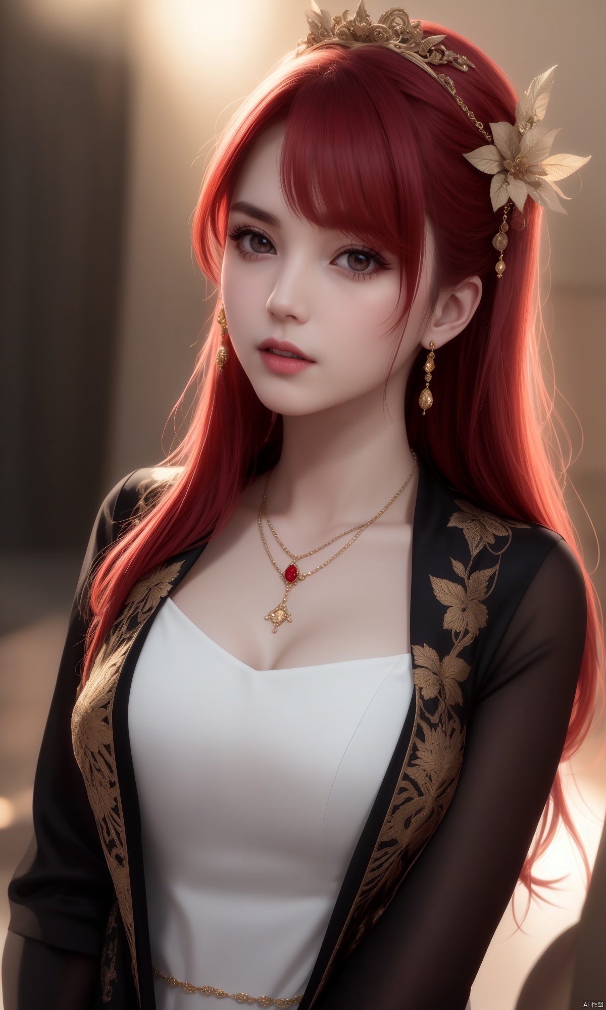 vampire, best quality, masterpiece, highres, 1girl, china dress, red hair, hair ornament, necklace, jewelry, Beautiful face, upon_body, tyndall effect, photorealistic, dark studio, rim lighting, two tone lighting, (high detailed skin:1.2), 8k uhd, dslr, soft lighting, high quality, volumetric lighting, candid, Photograph, high resolution, 4k, 8k, Bokeh