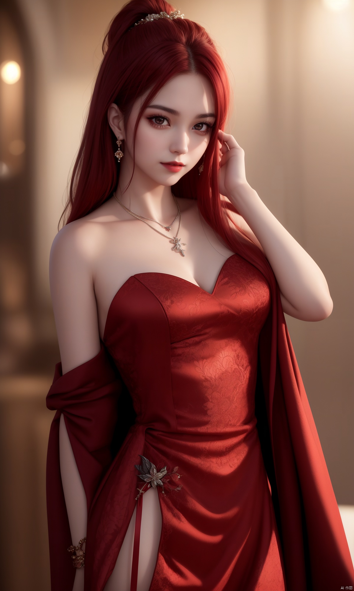 vampire, best quality, masterpiece, highres, 1girl, china dress, red hair, hair ornament, necklace, jewelry, Beautiful face, upon_body, tyndall effect, photorealistic, rim lighting, two tone lighting, (high detailed skin:1.2), 8k uhd, dslr, soft lighting, high quality, volumetric lighting, candid, Photograph, high resolution, 4k, 8k, Bokeh