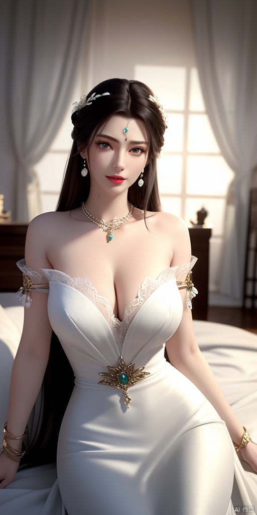  ultra realistic 8k cg, picture-perfect face, flawless, clean, masterpiece, professional artwork, famous artwork, cinematic lighting, cinematic bloom, perfect face, beautiful face, beautiful eyes, fantasy, dreamlike, unreal, science fiction, huge breasts, beautiful clothes, absurdly long hair, very long hair, (rich:1.4), prestige, luxury, jewelry, diamond, gold, pearl, gem, sapphire, ruby, emerald, intricate detail, delicate pattern, charming, alluring, seductive, erotic, enchanting, hair ornament, necklace, earrings, bracelet, armlet,((1girl, warm_white_dress))