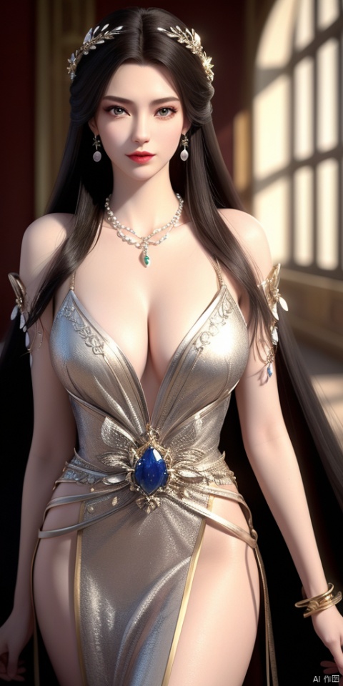  ultra realistic 8k cg, picture-perfect face, flawless, clean, masterpiece, professional artwork, famous artwork, cinematic lighting, cinematic bloom, perfect face, beautiful face, beautiful eyes, fantasy, dreamlike, unreal, science fiction, huge breasts, beautiful clothes, absurdly long hair, very long hair, (rich:1.4), prestige, luxury, jewelry, diamond, gold, pearl, gem, sapphire, ruby, emerald, intricate detail, delicate pattern, charming, alluring, seductive, erotic, enchanting, hair ornament, necklace, earrings, bracelet, armlet,((1girl, skin_dress))
