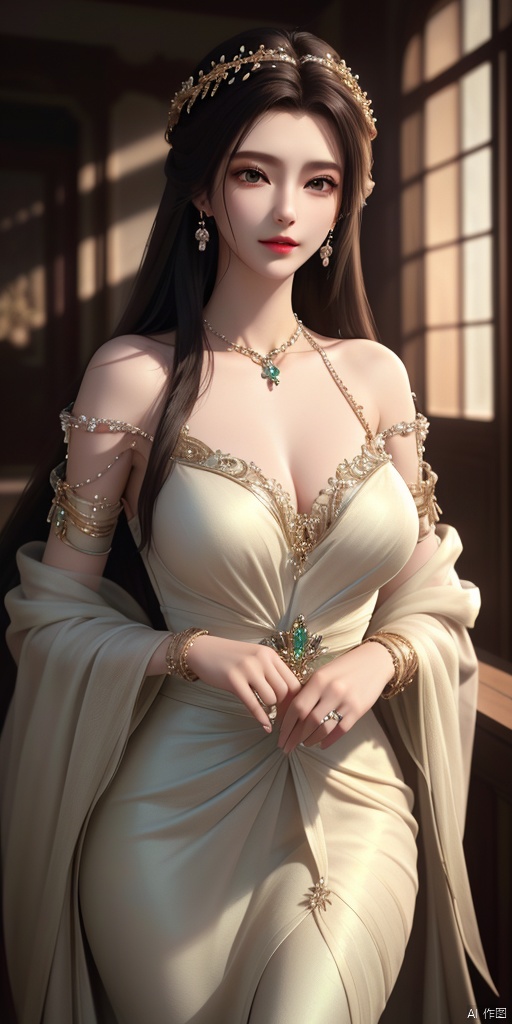 ultra realistic 8k cg, picture-perfect face, flawless, clean, masterpiece, professional artwork, famous artwork, cinematic lighting, cinematic bloom, perfect face, beautiful face, beautiful eyes, fantasy, dreamlike, unreal, science fiction, huge breasts, beautiful clothes, absurdly long hair, very long hair, (rich:1.4), prestige, luxury, jewelry, diamond, gold, pearl, gem, sapphire, ruby, emerald, intricate detail, delicate pattern, charming, alluring, seductive, erotic, enchanting, hair ornament, necklace, earrings, bracelet, armlet,((1girl, light_beige_dress)), Light master