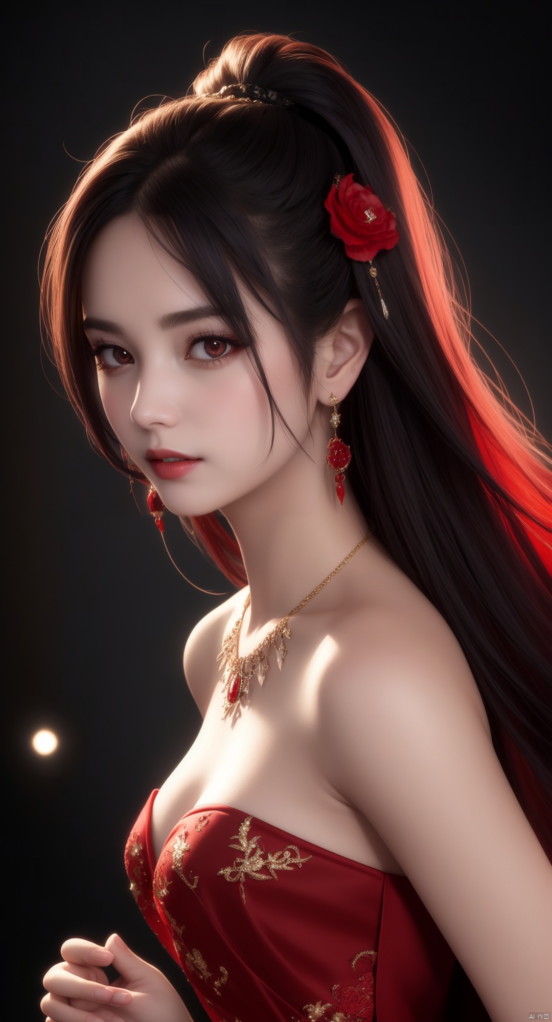 best quality, masterpiece, vampire, fully covered red and black cloths, visible vampire teeth, highres, 1girl, china dress, hair ornament, necklace, jewelry, Beautiful face, tyndall effect, photorealistic, dark studio, rim lighting, two tone lighting, (high detailed skin:1.2), 8k uhd, dslr, soft lighting, high quality, volumetric lighting, candid, Photograph, high resolution, 4k, 8k, Bokeh