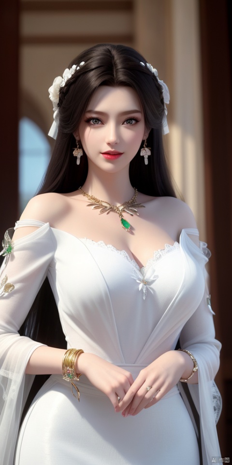 ultra realistic 8k cg, picture-perfect face, flawless, clean, masterpiece, professional artwork, famous artwork, cinematic lighting, cinematic bloom, perfect face, beautiful face, beautiful eyes, fantasy, dreamlike, unreal, science fiction, huge breasts, beautiful clothes, absurdly long hair, very long hair, (rich:1.4), prestige, luxury, jewelry, diamond, gold, pearl, gem, sapphire, ruby, emerald, intricate detail, delicate pattern, charming, alluring, seductive, erotic, enchanting, hair ornament, necklace, earrings, bracelet, armlet,((1girl, warm_white_dress))