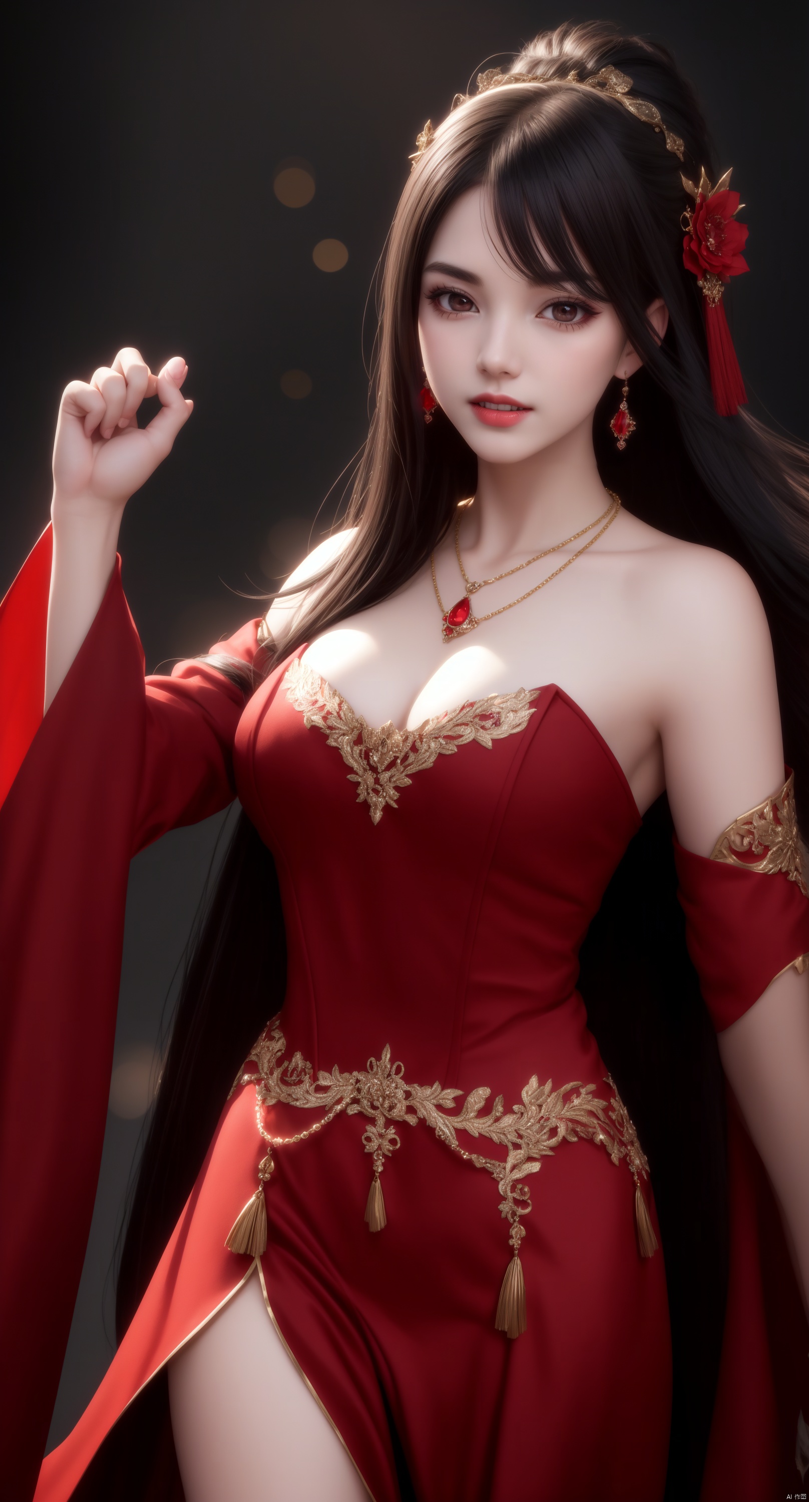  best quality, masterpiece, vampire, fully covered red and black cloths, visible vampire teeth, highres, 1girl, china dress, hair ornament, necklace, jewelry, Beautiful face, tyndall effect, photorealistic, dark studio, rim lighting, two tone lighting, (high detailed skin:1.2), 8k uhd, dslr, soft lighting, high quality, volumetric lighting, candid, Photograph, high resolution, 4k, 8k, Bokeh