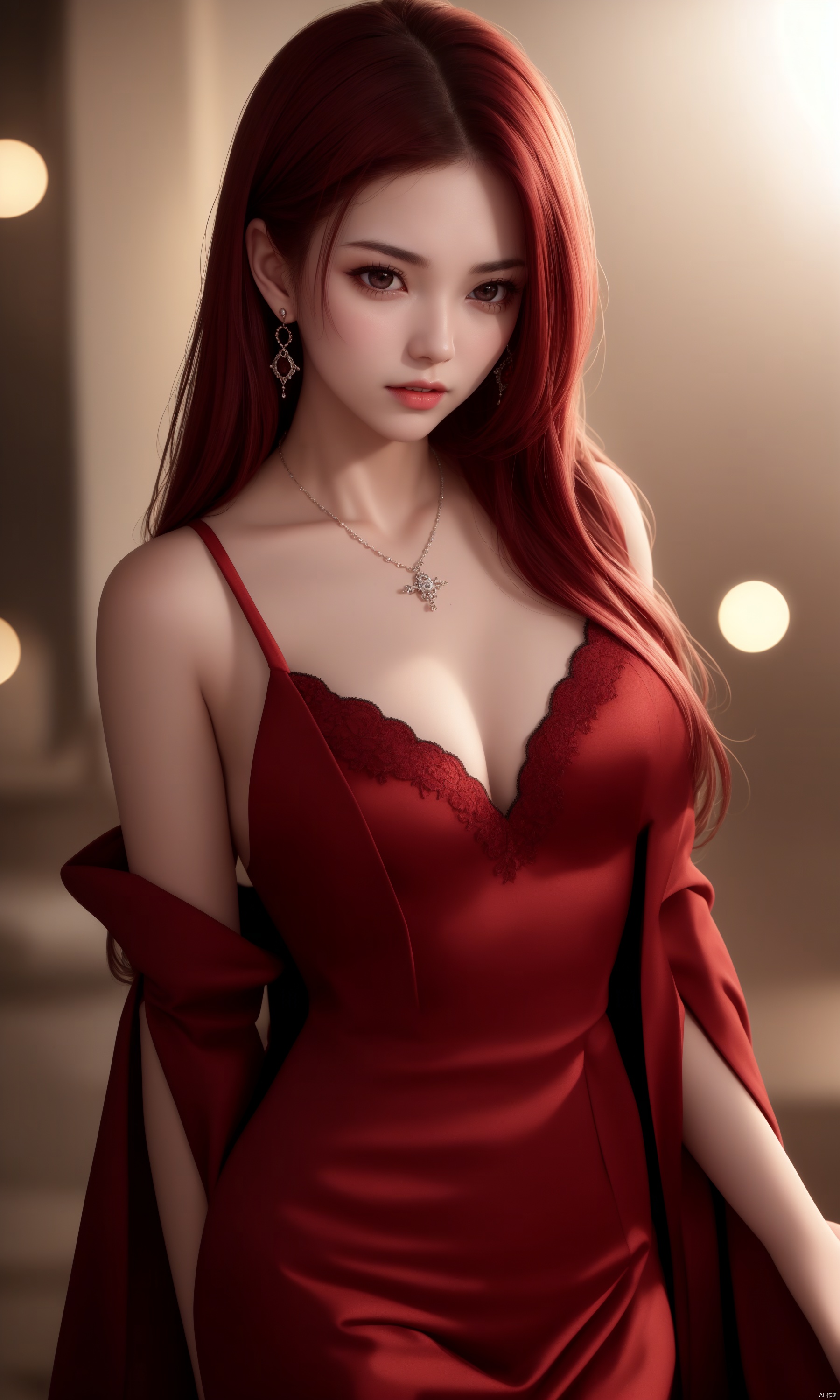  vampire, best quality, masterpiece, highres, 1girl, china dress, red hair, hair ornament, necklace, jewelry, Beautiful face, upon_body, tyndall effect, photorealistic, dark studio, rim lighting, two tone lighting, (high detailed skin:1.2), 8k uhd, dslr, soft lighting, high quality, volumetric lighting, candid, Photograph, high resolution, 4k, 8k, Bokeh