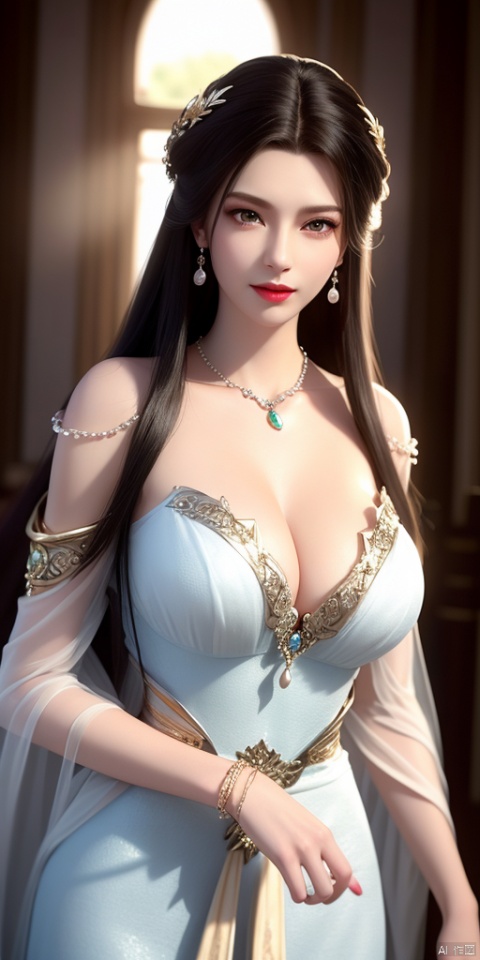  ultra realistic 8k cg, picture-perfect face, flawless, clean, masterpiece, professional artwork, famous artwork, cinematic lighting, cinematic bloom, perfect face, beautiful face, beautiful eyes, fantasy, dreamlike, unreal, science fiction, huge breasts, beautiful clothes, absurdly long hair, very long hair, (rich:1.4), prestige, luxury, jewelry, diamond, gold, pearl, gem, sapphire, ruby, emerald, intricate detail, delicate pattern, charming, alluring, seductive, erotic, enchanting, hair ornament, necklace, earrings, bracelet, armlet,((1girl, light_skinned_dress))