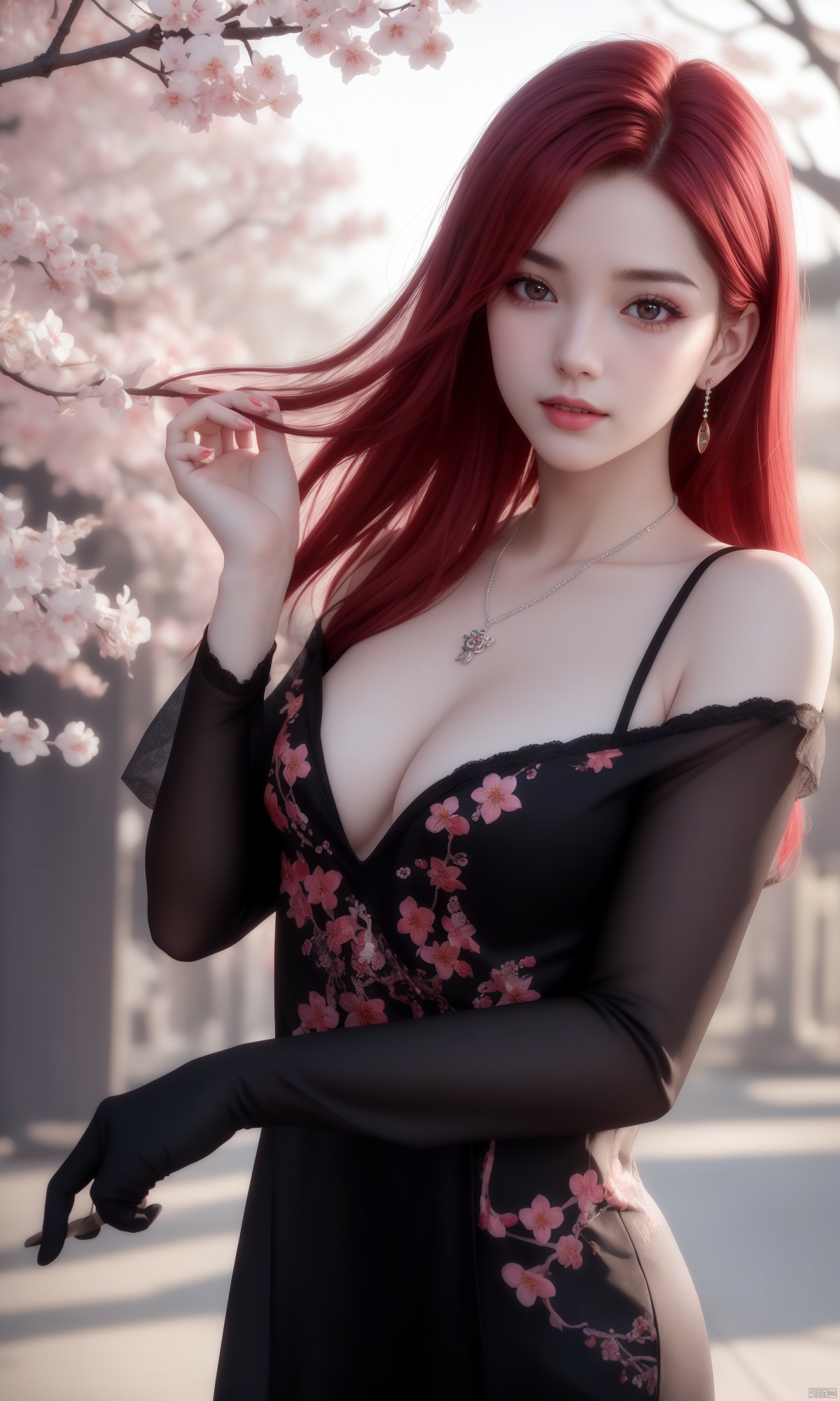 vampire, best quality, masterpiece, cherry blossoms, 1girl, china dress, red hair, hair ornament, necklace, jewelry, Beautiful face, full_body, tyndall effect, photorealistic, rim lighting, two tone lighting, (high detailed skin:1.2), 8k uhd, dslr, soft lighting, high quality, volumetric lighting, candid, Photograph, high resolution, 4k, 8k, Bokeh