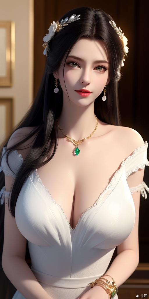  ultra realistic 8k cg, picture-perfect face, flawless, clean, masterpiece, professional artwork, famous artwork, cinematic lighting, cinematic bloom, perfect face, beautiful face, beautiful eyes, fantasy, dreamlike, unreal, science fiction, huge breasts, beautiful clothes, absurdly long hair, very long hair, (rich:1.4), prestige, luxury, jewelry, diamond, gold, pearl, gem, sapphire, ruby, emerald, intricate detail, delicate pattern, charming, alluring, seductive, erotic, enchanting, hair ornament, necklace, earrings, bracelet, armlet,((1girl, Warm white dress))