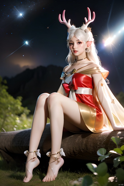  1girl,solo,antlers,pointy ears,white hair,dress,jewelry,anklet,long hair,looking atviewer,capelet,bow,scenery,starry_sky,stars,sky,see-through,barefoot,sitting