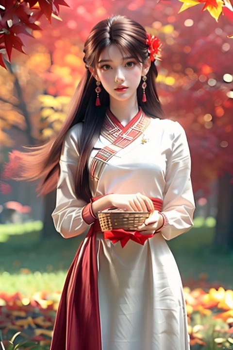 1girl,solo,hair ornament,long hair,hair flower,brown hair,jewelry,earrings,brown eyes,lips,realistic,closed mouth,chinese clothes,dress,basket,outdoors,autumn leaves,autumn,solo focus,flower,holding basket,leaf,tree,day,long sleeves,grass,maple leaf,long skirt,water,sky,depth of field,rock,ribbon,red ribbon,hairpin,hair stick,looking at viewer,eyelashes,red lips,scenery,nature,forest,sunlight,tassel,widesleeves,long_legs,