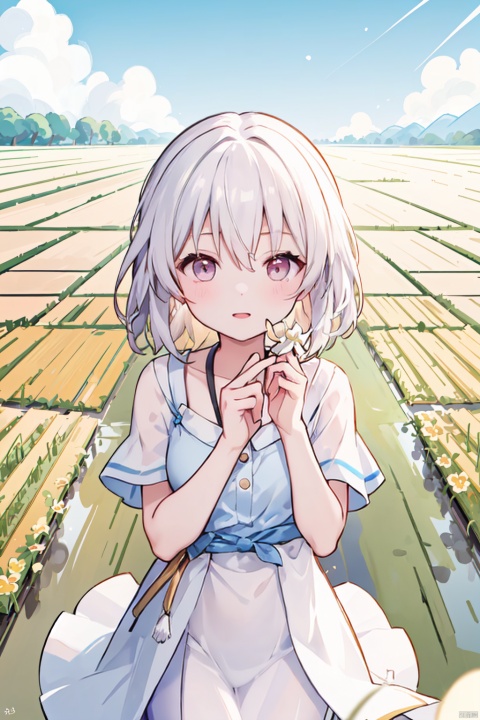 young girl admiring golden rice paddies (2), full bloom of summer flowers (1.5), essence of Xiaoman with ripe rice ears (2), gentle summer breeze through the fields (1),
, wmchahua, bianping