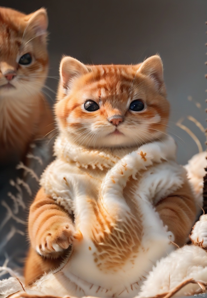 Cotton, close-up, dark, dramatic contrast, cute orange cat, orange cat, Garfield cat, fat Garfield cat, anthropomorphic design, exaggerated, rich expressions, bright expressions, 3D plush style, plush style, blue-gray background