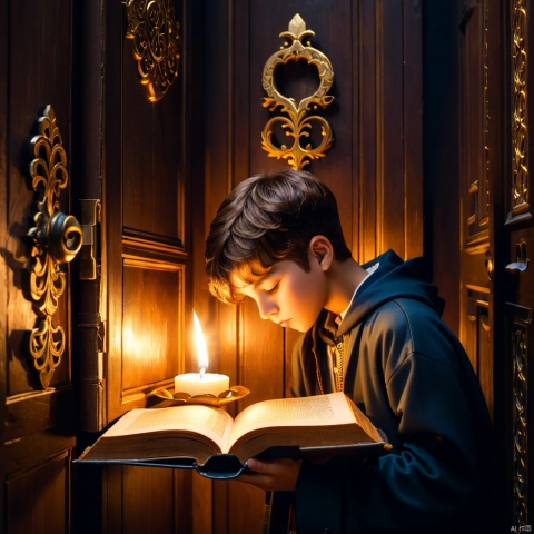 A boy is reading an ancient book in front of a candlelight. The words in the book form a golden key, opening a tall door, emitting a dazzling lightMotivated lighting, High angle view, Panorama, Ultrawide shot