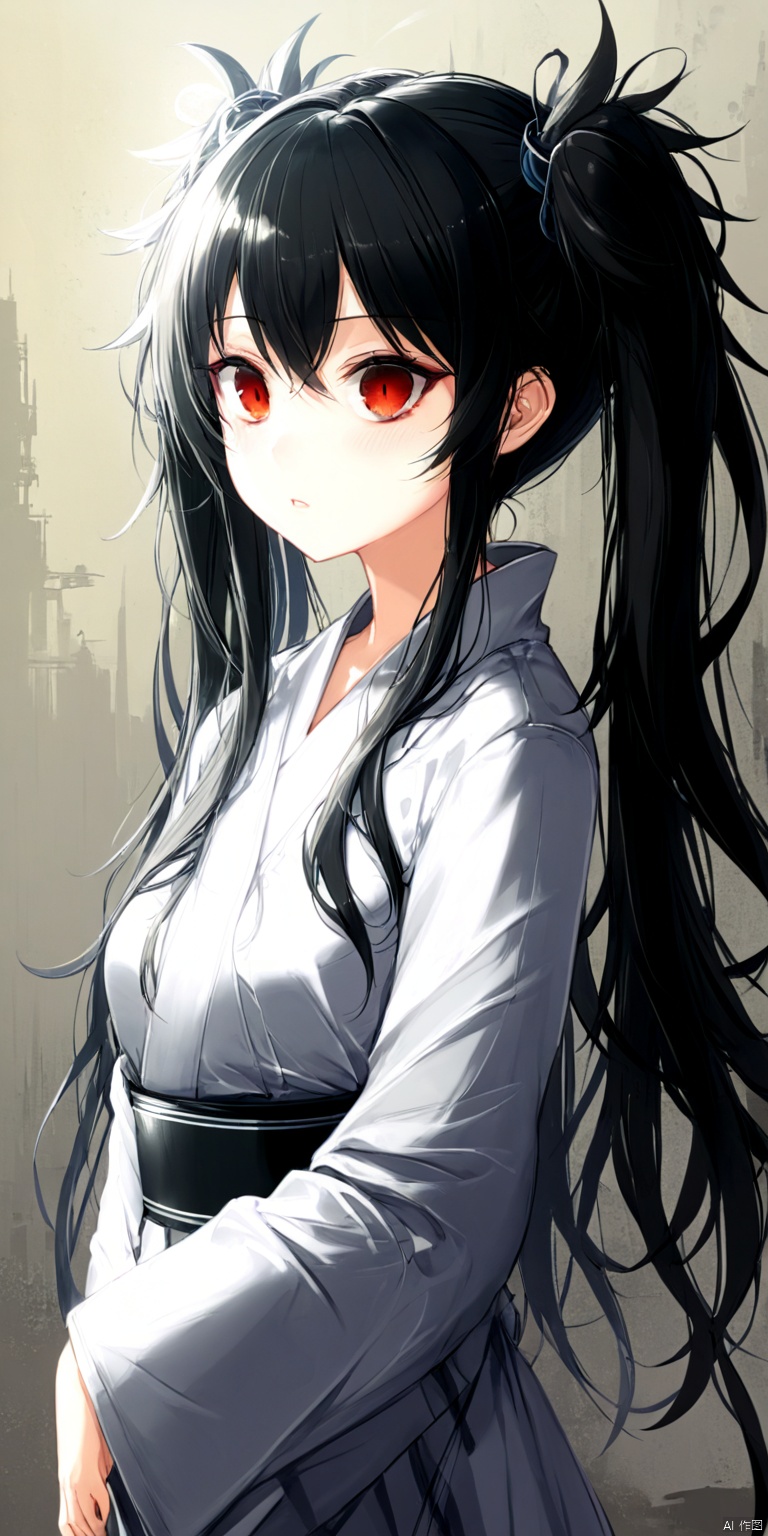  (masterpiece), (best quality), sci-fi girl, (disheveled hair), long hair, twintails, mignon, detailed cute eyes,Red pupils, black hair, proud and delicate ,kimono