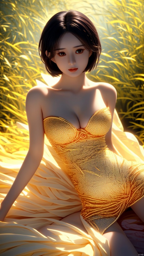 漂亮的美丽女孩儿。1girl. "night Sunset
Very beautiful girl. .。"Showing cleavage."
"Lying in various positions."Nude.naked body
Necklace bracelet.short- haired
Showing thighs 。Thigh exposure
Upper body short . Short-haired.

The clothes were glowing golden.
The hair were glowing golden.
The body were glowing golden.