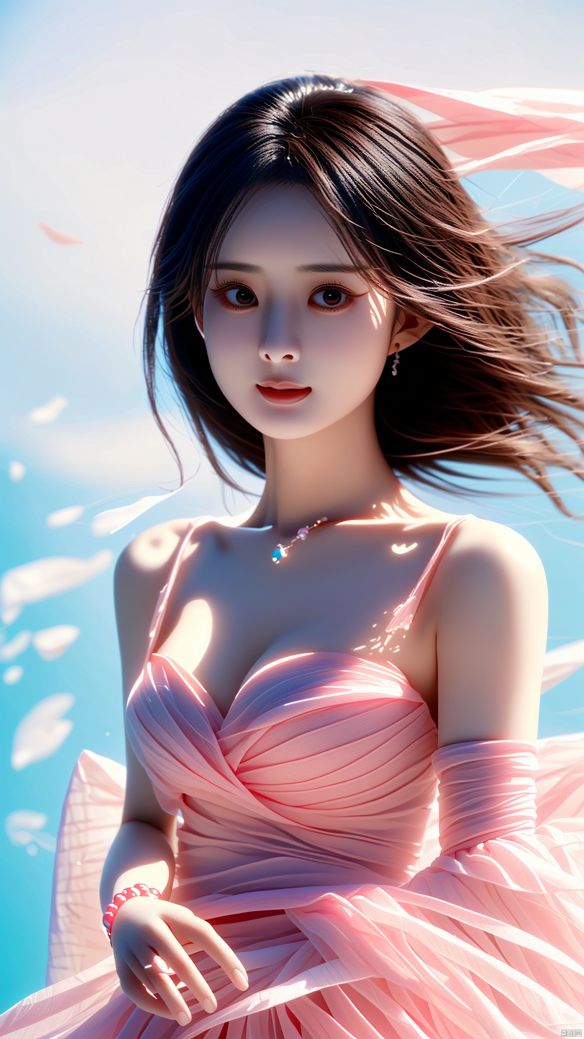 漂亮的美丽女孩儿。1girl. Headshot
pink room.
Very beautiful girl. .。"Showing cleavage."
Necklace bracelet. 
Upper body short . Short-haired. 
Hair is blown by the wind.