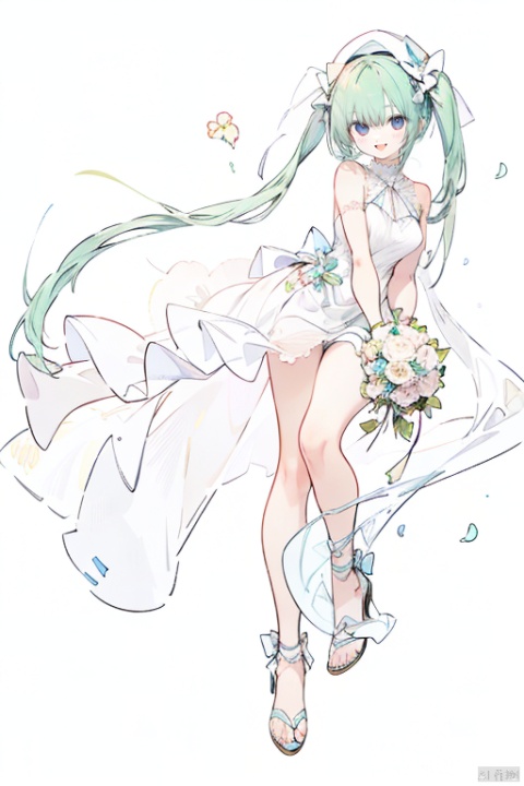  fantasy70331girl,hatsune miku,smile,dress,sundress,strappy_heels,dress_tug,holding_bouquet,artbook,simple background,((alphonse mucha)),available light,highres,white_background,floral_background,teenager,fair_skin,slender,green hair,bunches,bridal_gauntlets,hat_bow,back_bow,bad anatomy,lowres,low quality,
