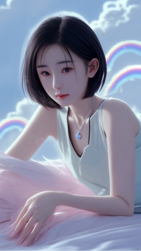 漂亮的美丽女孩儿。1girl. uniform
Very beautiful girl. .。
Necklace bracelet.short- haired
Upper body short . Short-haired.
"Lying on the rainbow clouds."
