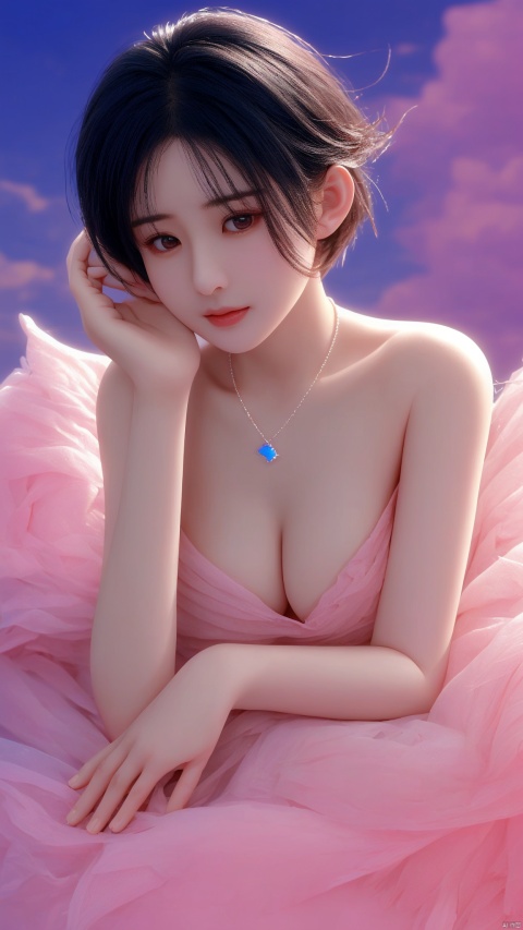 漂亮的美丽女孩儿。1girl. 
Very beautiful girl. .。"Showing cleavage."
"The head is resting on the hand."
Necklace bracelet.
. Short-haired.
"Lying on the rainbow clouds."
