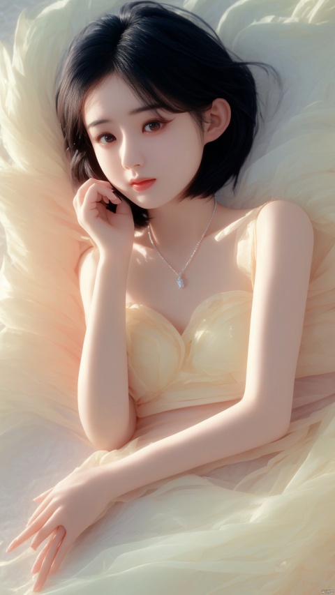 漂亮的美丽女孩儿。1girl. uniform
Very beautiful girl. .。bra
Necklace bracelet.short- haired
Upper body short . Short-haired.
" rainbow clouds."
"Lying on one side with hand supporting the cheek."
