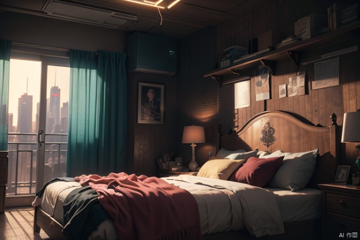 8K, CG, super detailed, hyper realistic, bedroom, Cyberpunk, future, the universe, technology, city, neon, curtains, dappled with light。