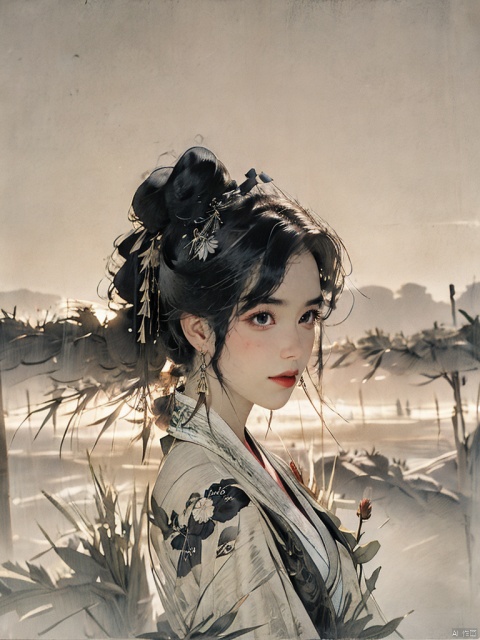 traditional Chinese ink painting, (1 girl), hanfu, solo, beautiful, garden, atmospheric, landscape。