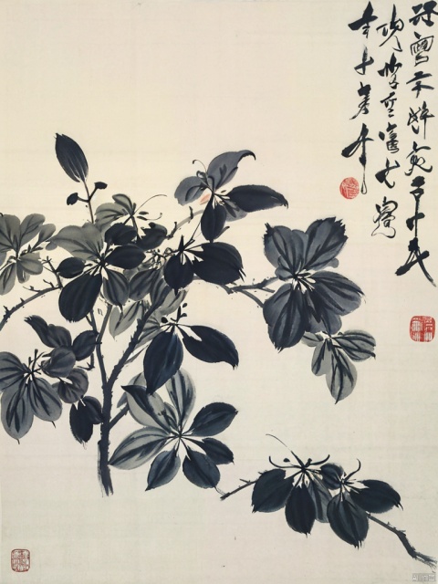 shukezouma, negative space, shuimobysim, a branch of flower, traditional Chinese ink painting。