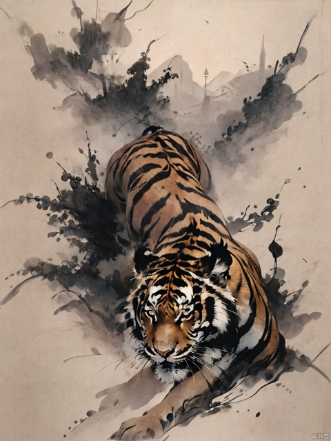 traditional Chinese ink painting, (tiger:1.2), solo, surrounded by fog, there are mountains in the distance, atmospheric, landscape。