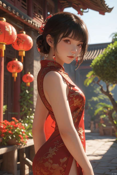  (global illumination, reality,ray tracing, HDR, unreal rendering, reasonable design, high detail, masterpiece,best quality, ultra high definition, movie lighting),
1girl,outdoor,looking_at_viewer,side_blunt_bangs,Nude,Positive,pose,solo,1girl,black hair,black eyes,red cheongsam, ((nsfw))