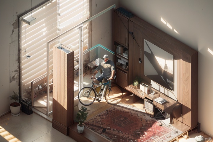 Living room interior rendering, sunlight filtering through blinds, a man riding an old bicycle, concrete pillars, Unreal Engine 5