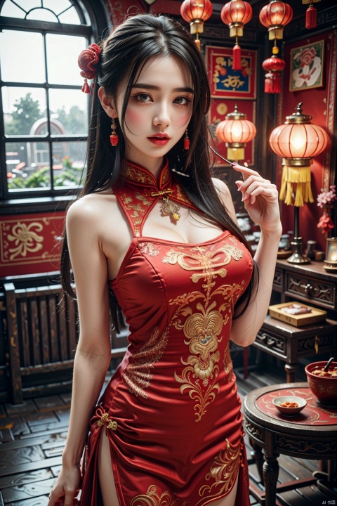  (global illumination, reality,ray tracing, HDR, unreal rendering, reasonable design, high detail, masterpiece,best quality, ultra high definition, movie lighting),
1girl,outdoor,looking_at_viewer,side_blunt_bangs,china_dress,chinese_style,big breasts,pose,solo,1girl,black hair,black eyes,red cheongsam