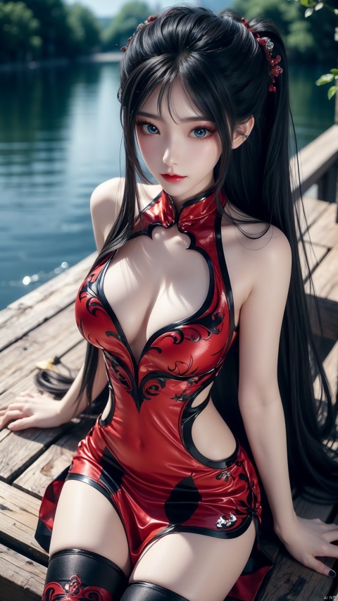  1girl, long hair, thighhighs, lying, perfect body, scenery, sharp focus, best quality, masterpiece, detailed outfit, illustration, perfect eyes, finely detailed beautiful anime eyes, realistic skin, intricate details, best lighting, depth of field, ultra high resolution, from above, yanlingji,Outdoor, lake,