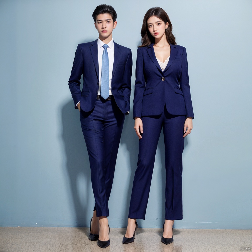 fullbody,2 people,1 girl, １ boy,Wear the same Treasure Blue Business suit,necktie,Treasure Blue Suit,The girl is wearing aTreasure Blue pencil skirt,Seductive smile,Light blue background wall,, standing, 
trousers,Simple background,mature female,Mature males,Cusp high-heeled shoes,(in summer:1.3),((style of Alessio Albi)),(photorealistic:1.2),(film grain:0.2),((Depth of field)),spoken flying ,standing,long sleeves,  