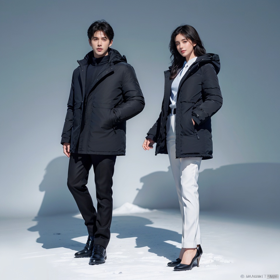  fullbody,2 people,1 girl, 1 boy,crazy smile,Studio Lighting,Wear the same Black Hooded parka,(Short length Black parka:1.3),Slim fit parka,woolen gloves,Appear thin,necktie,SUIT PANTS,Good lighting
Light blue background wall,Snowy scenery,Heavy snow is falling profusely,Bright sunshine,standing, 
trousers,Simple background,mature female,Mature males,Cusp high-heeled shoes,High top leather shoes,(in winter:1.3),(photorealistic:1.2),(film grain:0.2),((Depth of field)),spoken flying sweatdrops,official art,Best quality,masterpiece,((photorealistic:1.4)),extremely delicate,intricate details,best shadow,HD photos,slr,8k,hyperdetailed,(soft light), standing,rich in detail,(exposure blend:1.3),