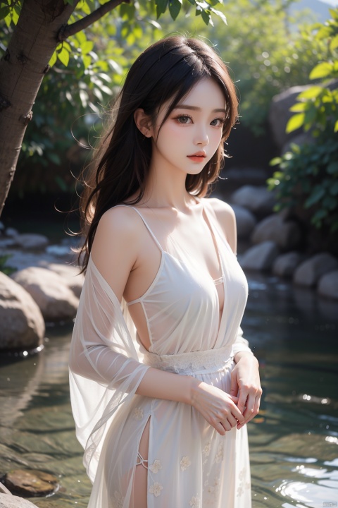 High quality, ultra detail, masterpiece, 8k, a beautiful young Chinese woman dressed in fashionable clothes, her long hair fluttering gently in the wind. Her skin is like jade, her eyes are bright, showing a gentle and firm temperament. She stood by a small river in the mountains. The water was clear. The woman seemed to be waiting for something, seemed to be thinking about something, her face was filled with a faint smile, as if the whole world were in her hands,