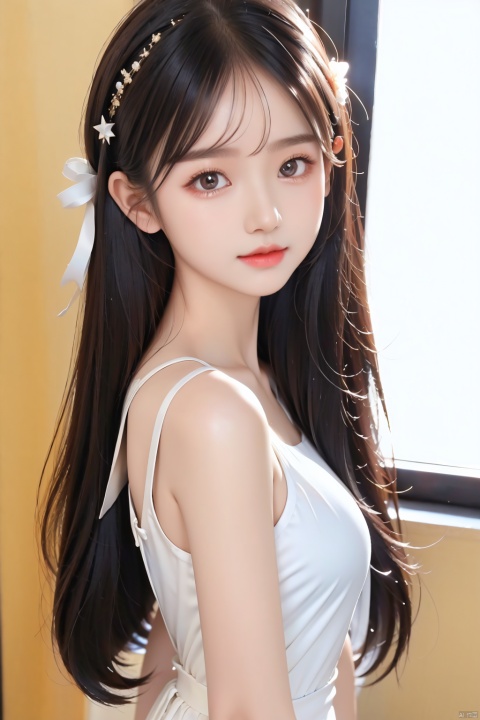 High quality, ultra detail, masterpiece, 8k, a Chinese girl in a thin white dress, a hair clip pinned to her glossy black hair, her eyes bright as stars, staring curiously ahead. She was full of youthful energy, and her eyes longed for youth, wwcgirl