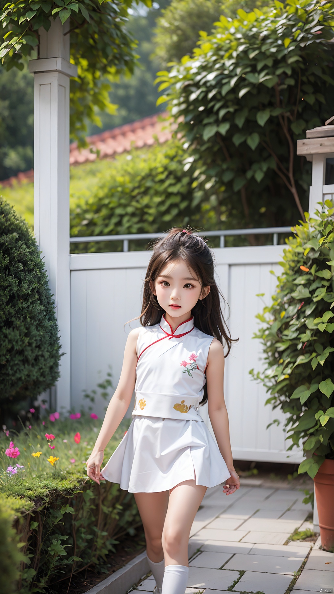 High quality, super detail, masterpieces, 8k,A beautiful little Chinese girl is playing in the garden wearing a short skirt which combines traditional Chinese elements with modern design. Her skirt is white with flowers embroidered on the hem.