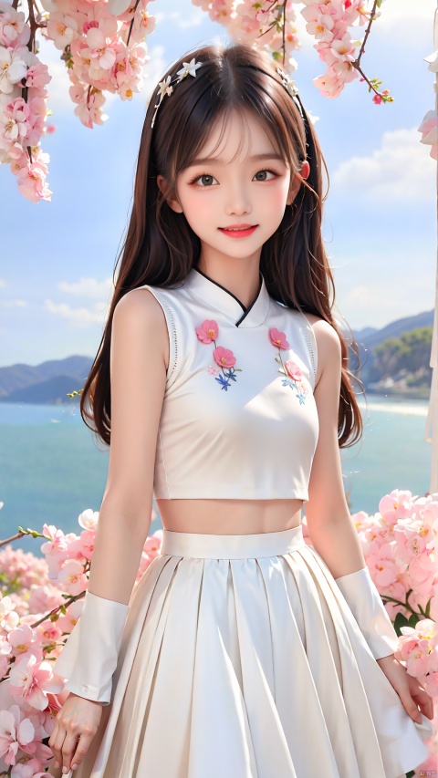  High quality, super detail, masterpieces, 8k, A beautiful little Chinese girl in a white transparent skirt, eye-catching. Her long hair fluttered, her eyes were as bright as stars, and her smile was bright and charming. The skirt was embroidered with flowers, showing off the charm of women., wwcgirl