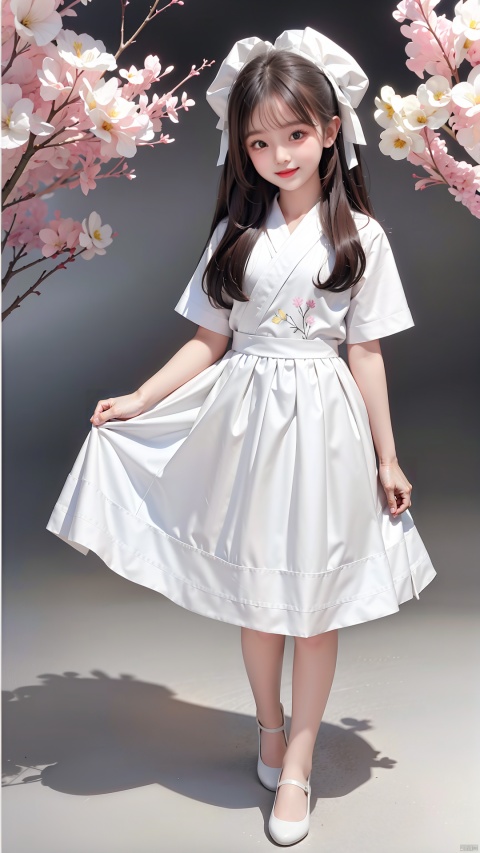  High quality, super detail, masterpieces, 8k, A beautiful little Chinese girl in a white transparent skirt, eye-catching. Her long hair fluttered, her eyes were as bright as stars, and her smile was bright and charming. The skirt was embroidered with flowers, showing off the charm of women., wwcgirl