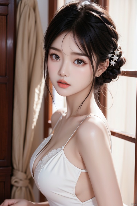 High quality, ultra detail, masterpiece, 8k, a Chinese girl in a thin white dress, a hair clip pinned to her glossy black hair, her eyes bright as stars, staring curiously ahead. She was full of youthful energy, and her eyes longed for youth