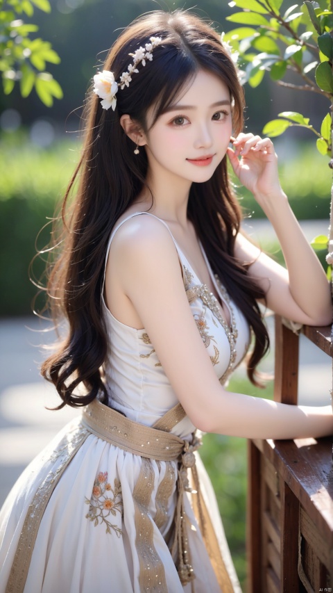 High quality, super detail, masterpieces,8k,The girl was only 13 or 14 years old. She was wearing a fine han costume with beautiful flowers embroidered on the front. Her long hair cascaded down to her waist and was gently fastened with a delicate bamboo hairpin. Her eyes were as bright as stars, and her smile was pure and sweet, like a budding bud., liuyifei, ((poakl)), tm