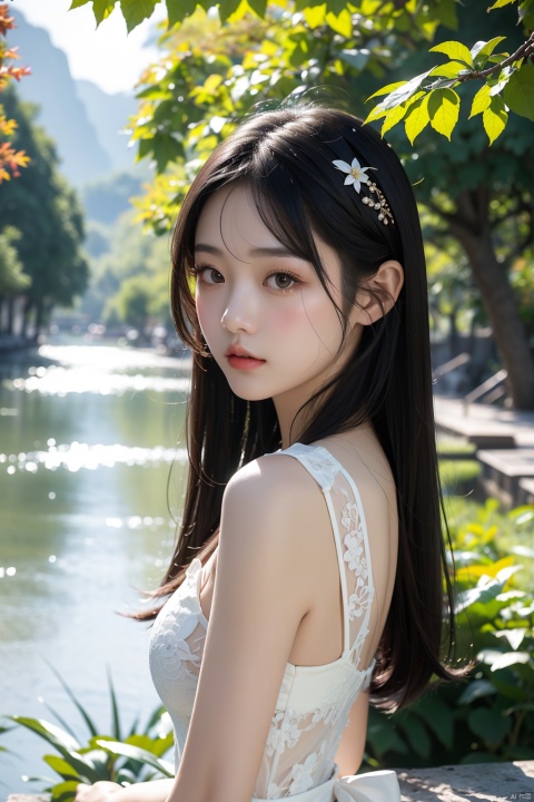 High quality, ultra-detail, masterpiece, 8k, a beautiful Chinese girl in a thin white dress, hair clips pinned to her smooth black hair, eyes like autumn water, staring curiously ahead.