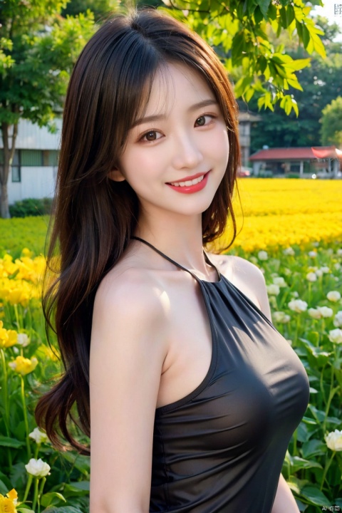 bestqualtiy,tmasterpiece,超高分辨率,8K,（真实感：1.4）,RAW photogr,A picture,1girll,filmgrain,A picture,The background is blurred out,Natural skin texture,Realistic Eyes and Face Details,Realistic lipstick,medium boob,black dressed evening dress,cropped shoulders,(blooming flower field)nature backdrop,Glowing skin,Light smile,Real images,light and shadow effect,Studio quality,Precise and perfect human anatomy,Hair details, wwcgirl